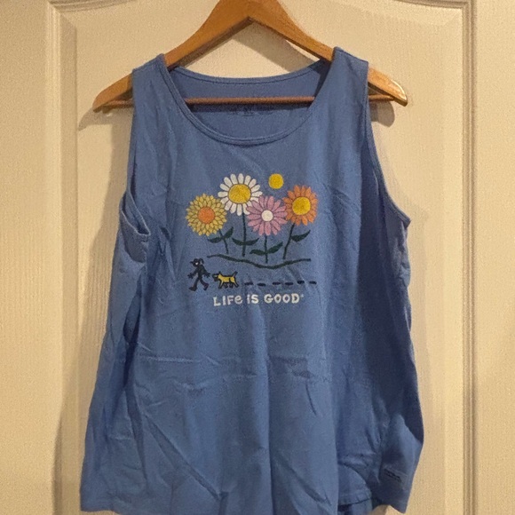 Life Is Good Blue Tank Top with Floral Design - Picture 1 of 3